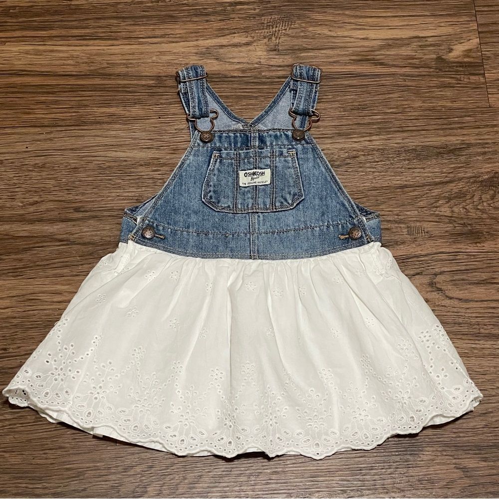 Oshkosh Baby Girls Sleeveless Jumper Cotton Blue Denim and White Size 12-18 Mos